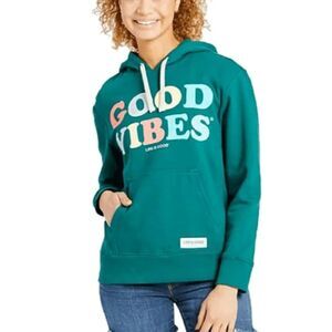 Life is Good Simply True Fleece "Good Vibes" Hoodie in green, XL (A9)